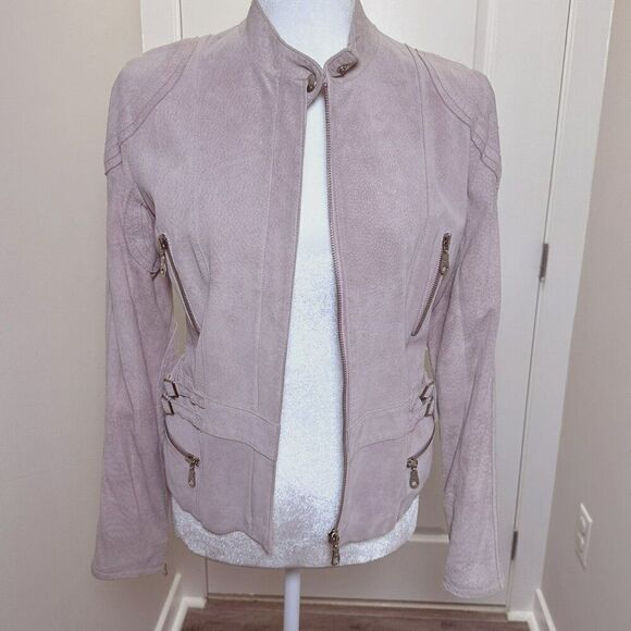 BALMAIN Blush Pink Suede and Satin Lined Moto Jacket 38 - Picture 1 of 10